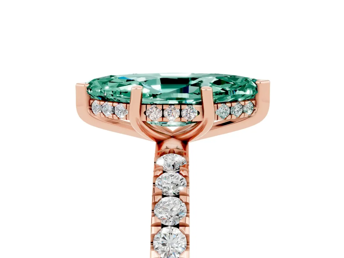 Marquise Cut Green Sapphire Pave Band Solitaire Ring with Round and Prong Setting Rose gold