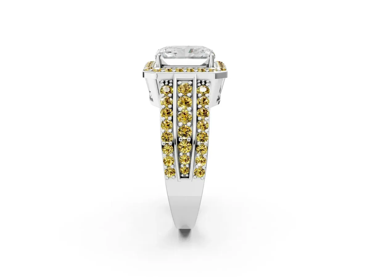 Radiant Cut Halo Diamond Ring with Round Yellow Sapphire Split Shank and Prong Setting Silver