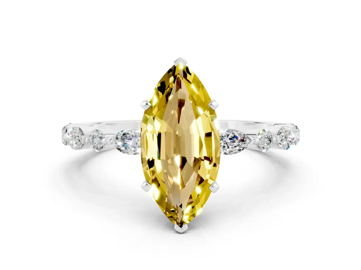 Marquise Cut Yellow Sapphire Ring with Marquise and Round Side Stones and Four-Prong Setting Silver