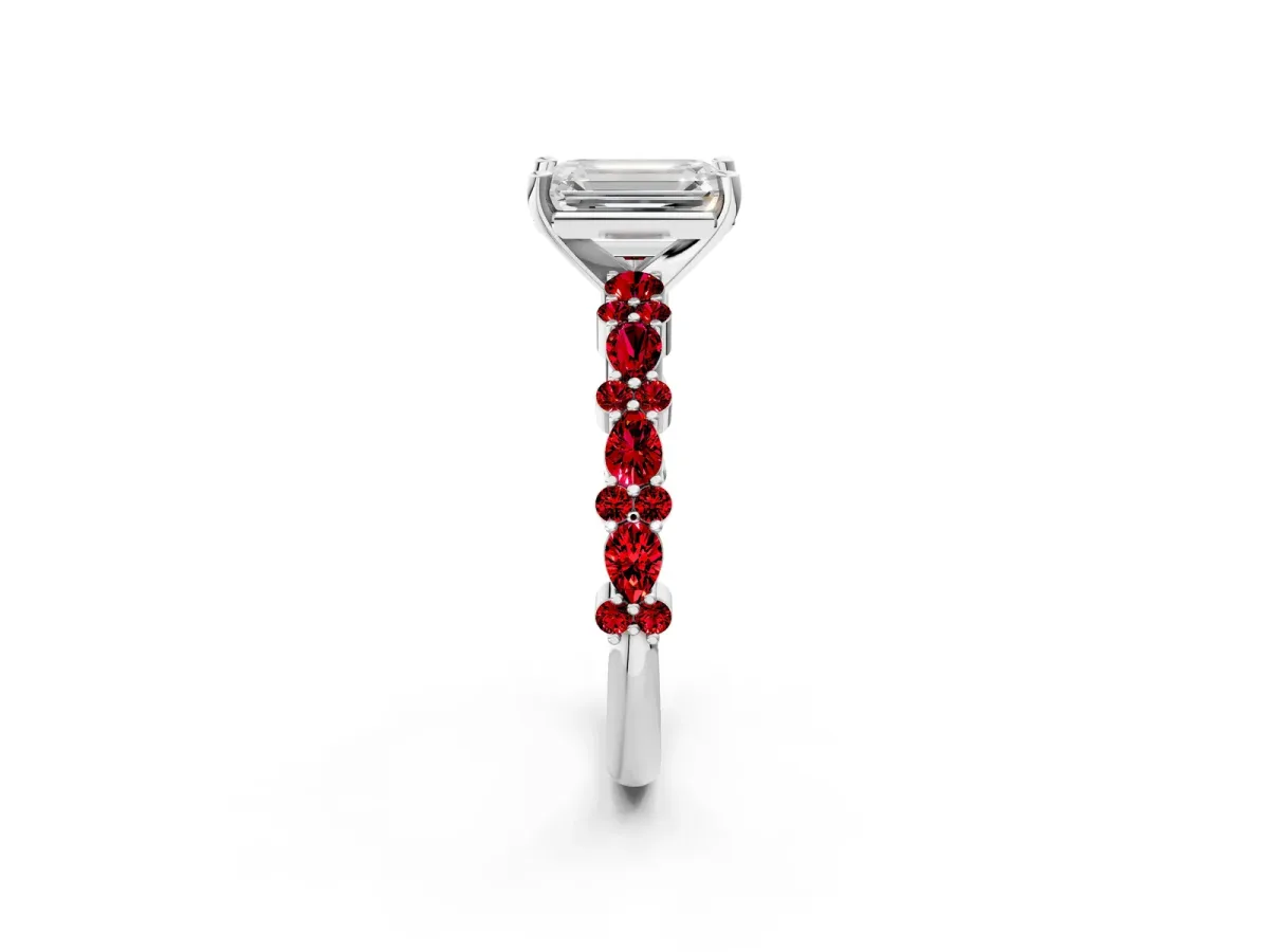 Emerald Cut Diamond Side Stone Solitaire Ring with Round Ruby and Four-Prong Setting White gold