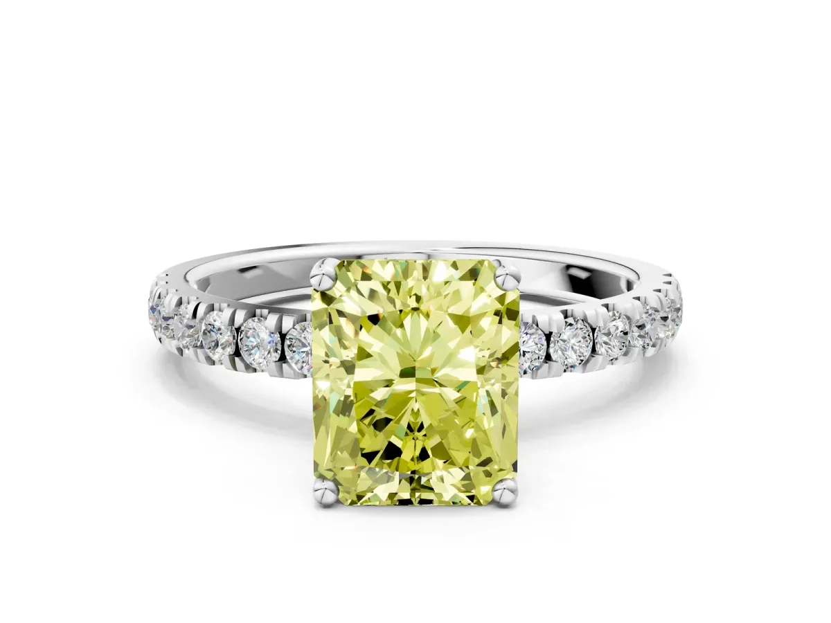 Fancy Yellow Radiant Cut Diamond Pave Band Solitaire Ring with Round and Prong Setting Silver