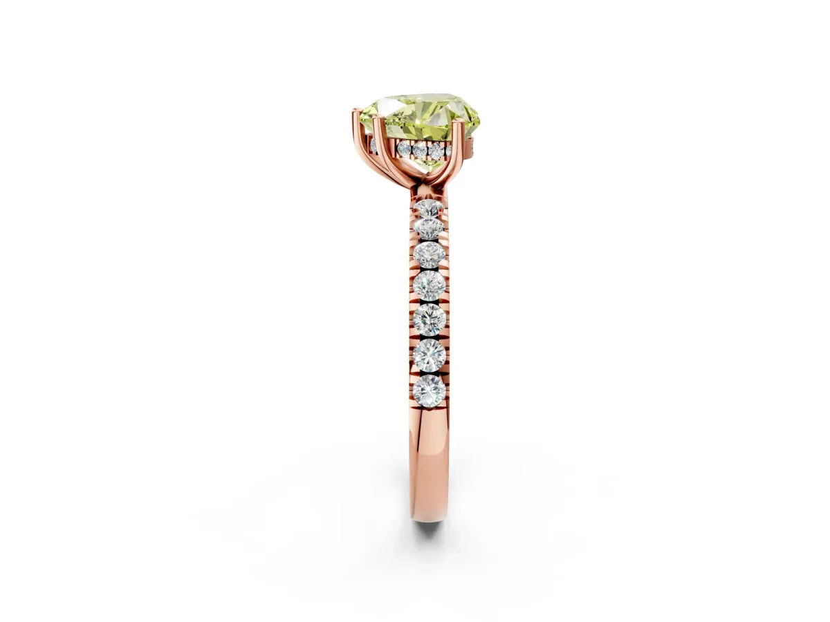 Fancy Yellow Heart Cut Diamond Pave Band Solitaire Ring with Round and Prong Setting Rose gold
