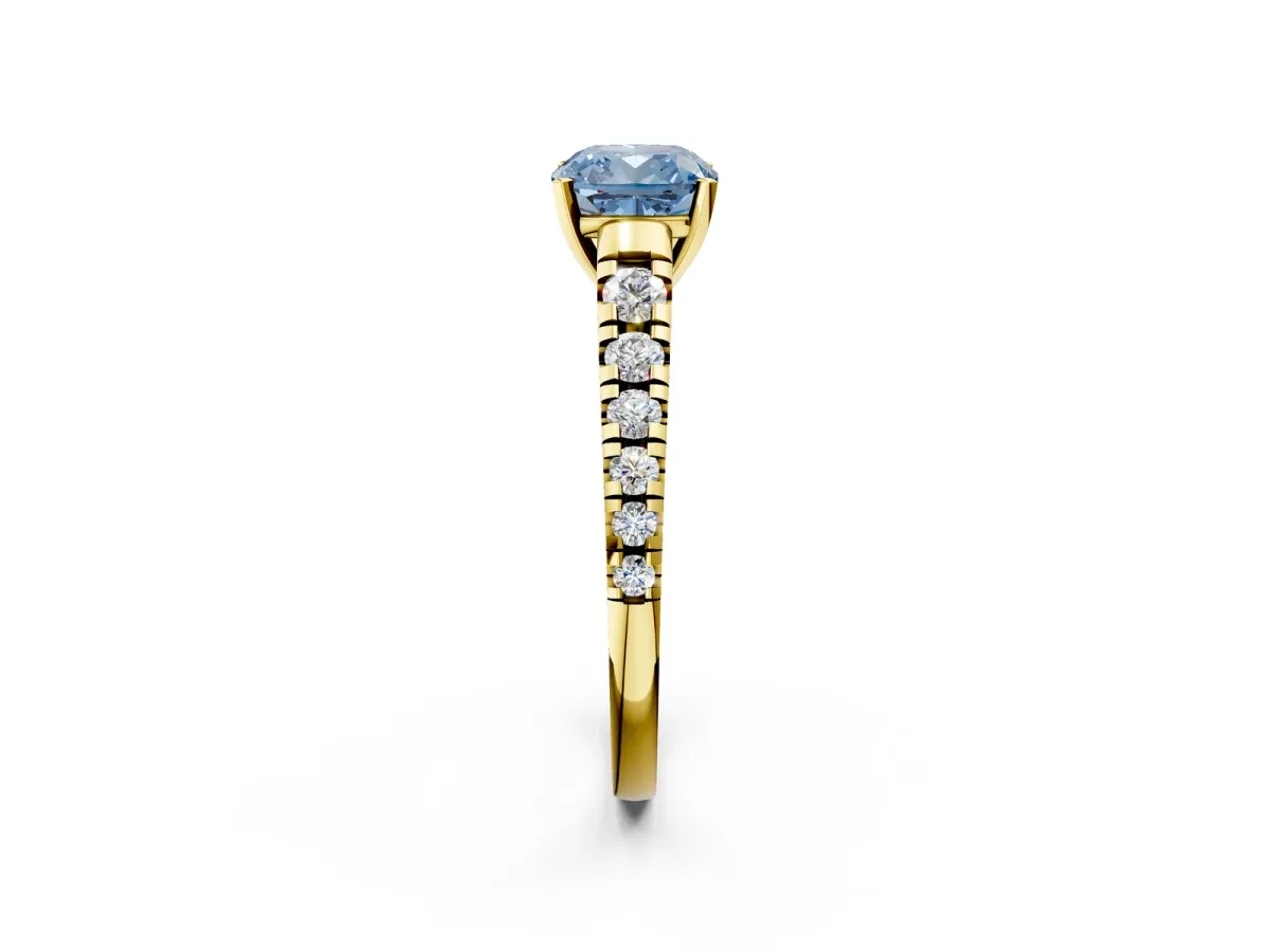 Fancy Blue Cushion Cut Diamond Cathedral Solitaire Ring with Round Pavé Band Yellow gold