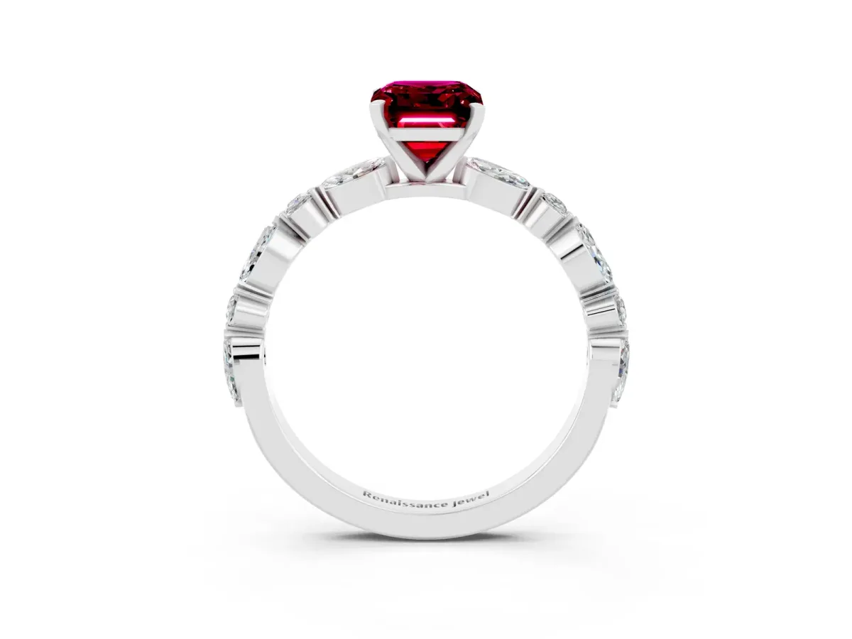 Emerald Cut Garnet Ring with Marquise and Round Side Stones and Four-Prong Setting Silver