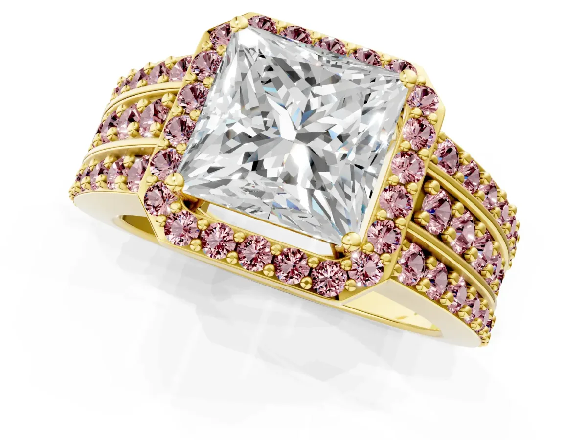 Princess Cut Halo Diamond Ring with Round Morganite Split Shank and Prong Setting Yellow gold