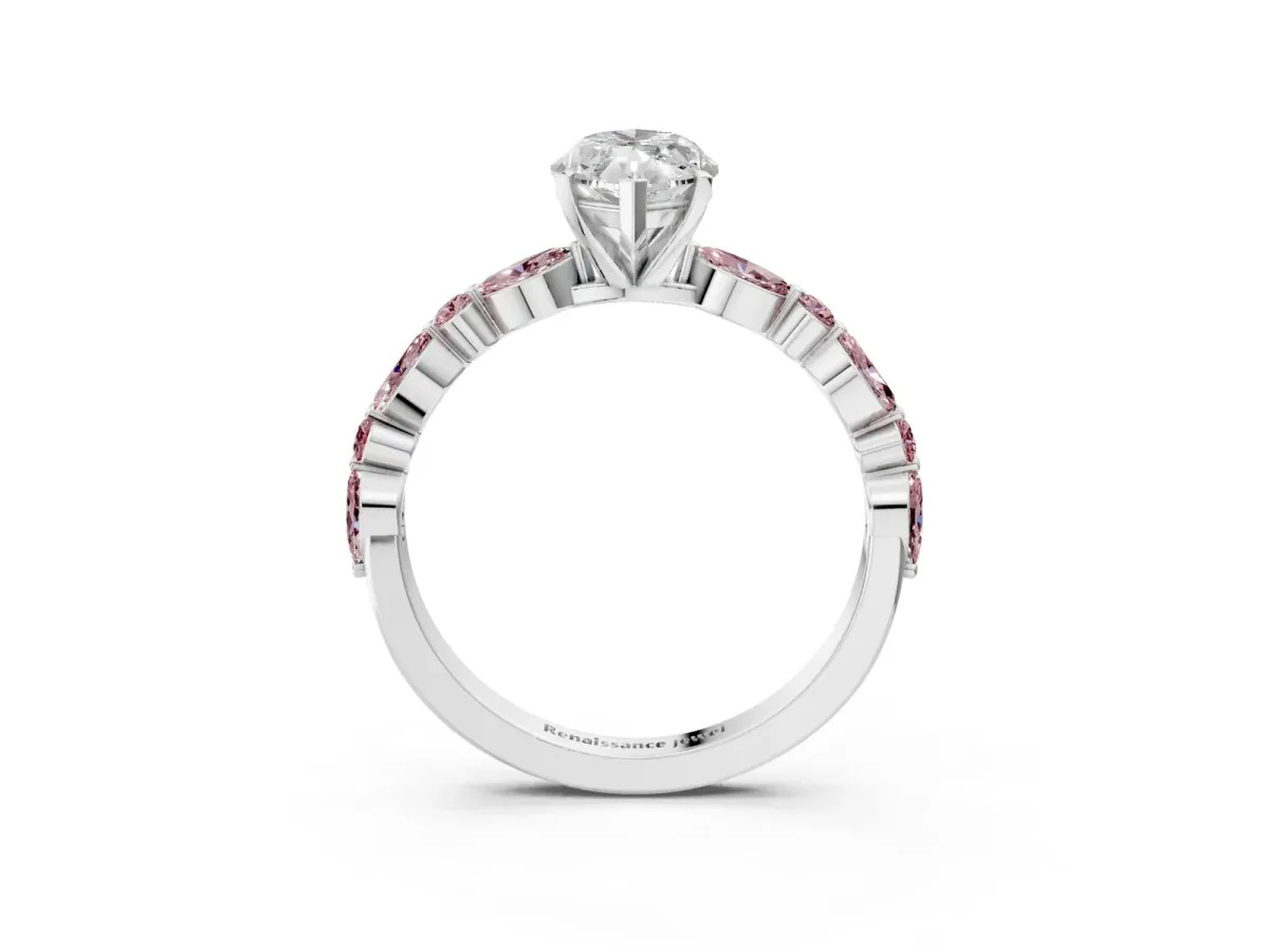 Marquise Cut Diamond Ring with Marquise and Round Morganite Side Stones and Four-Prong Setting Silver