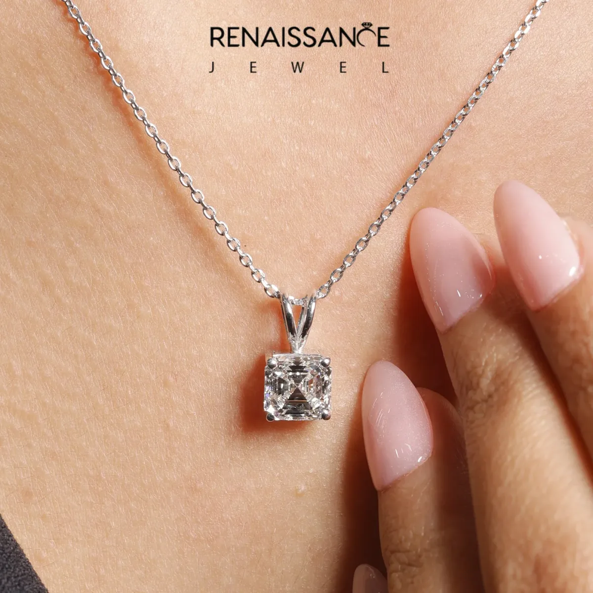 Asscher Diamond Solitaire Pendant with Four Prong Setting White gold