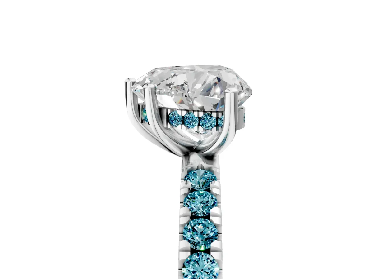 Heart Cut Diamond Pave Band Solitaire Ring with Round Blue Topaz and Prong Setting Silver