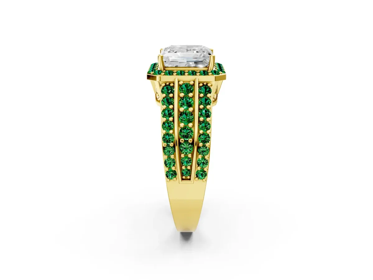 Princess Cut Halo Diamond Ring with Round Emerald Split Shank and Prong Setting Yellow gold