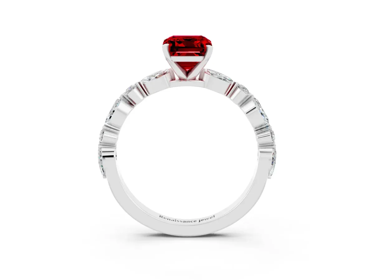 Emerald Cut Ruby Ring with Marquise and Round Side Stones and Four-Prong Setting Silver