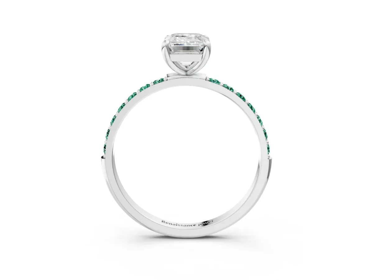 Emerald Cut Diamond Solitaire Ring with Round Green Sapphire Pavé Band and Prong Setting Silver