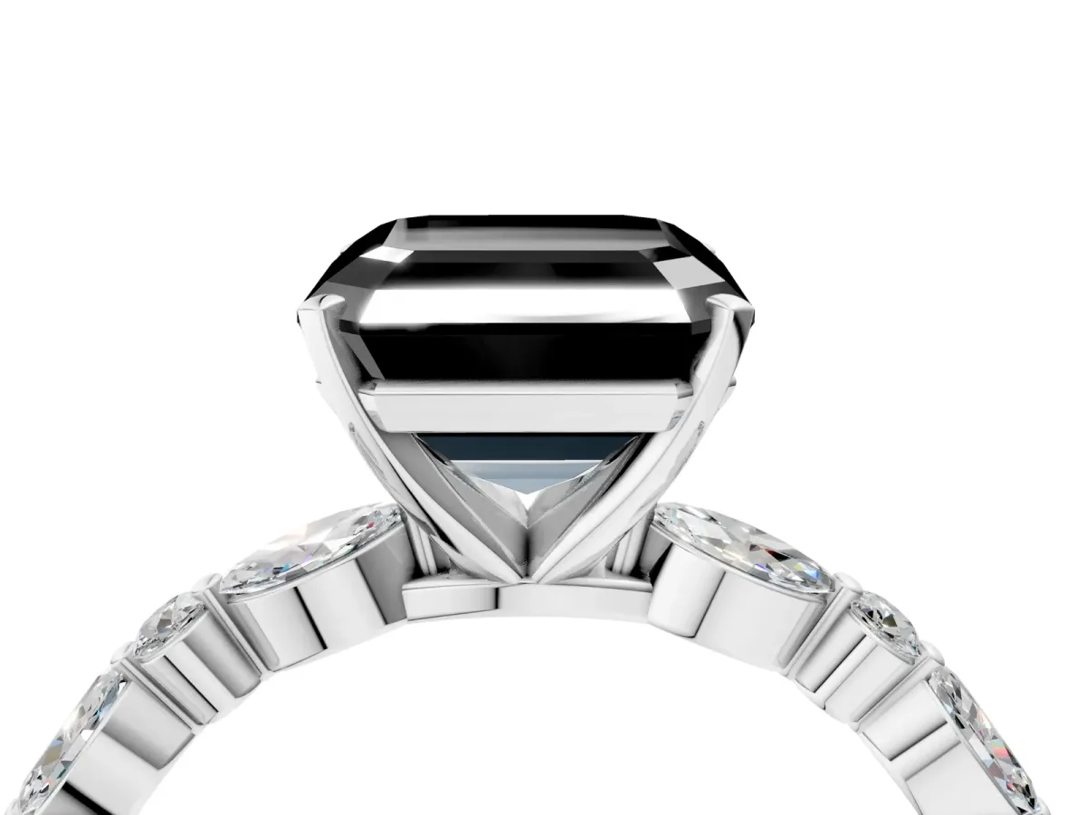Fancy Black Asscher Cut Diamond Ring with Marquise and Round Side Stones and Four-Prong Setting Platinum