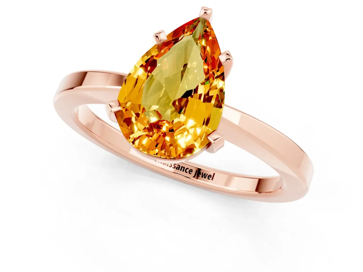Pear Cut Citrine Solitaire Engagement Ring with Classic Band and Four-Prong Setting Rose gold