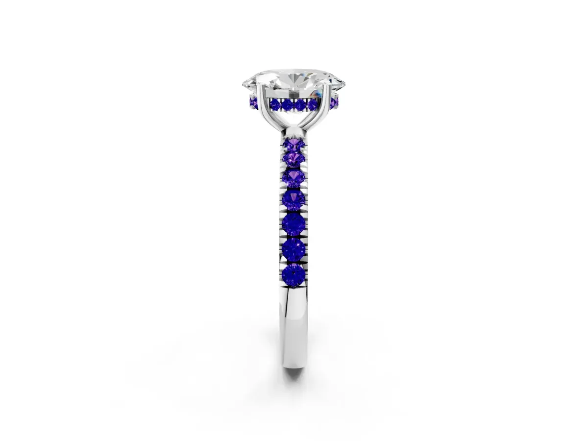 Oval Cut Diamond Pave Band Solitaire Ring with Round Tanzanite and Prong Setting Platinum