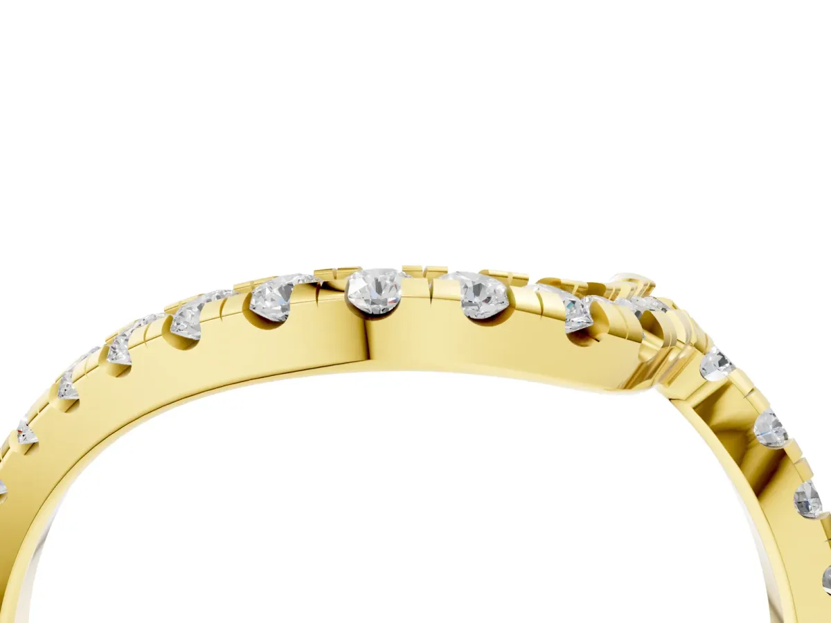 Round Diamond Pavé V-Shaped Contour Band with Shared Prong Setting Yellow gold
