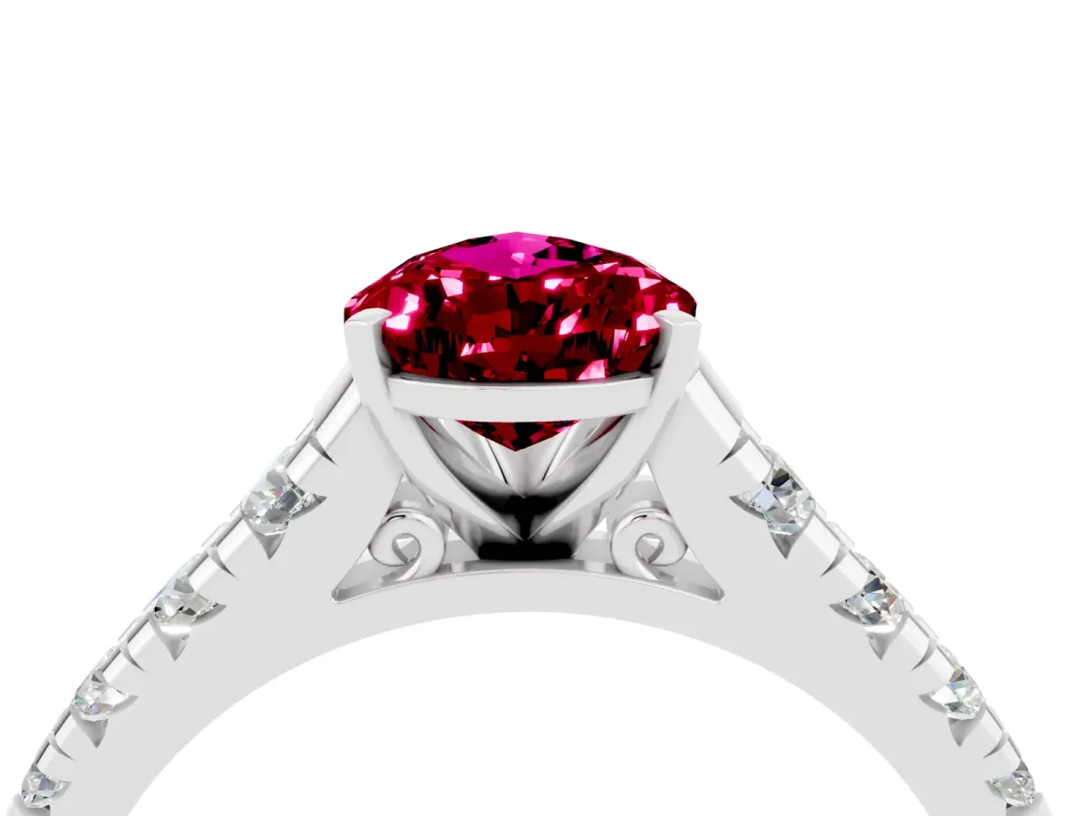 Pear Cut Garnet Cathedral Solitaire Ring with Round Pavé Band Platinum