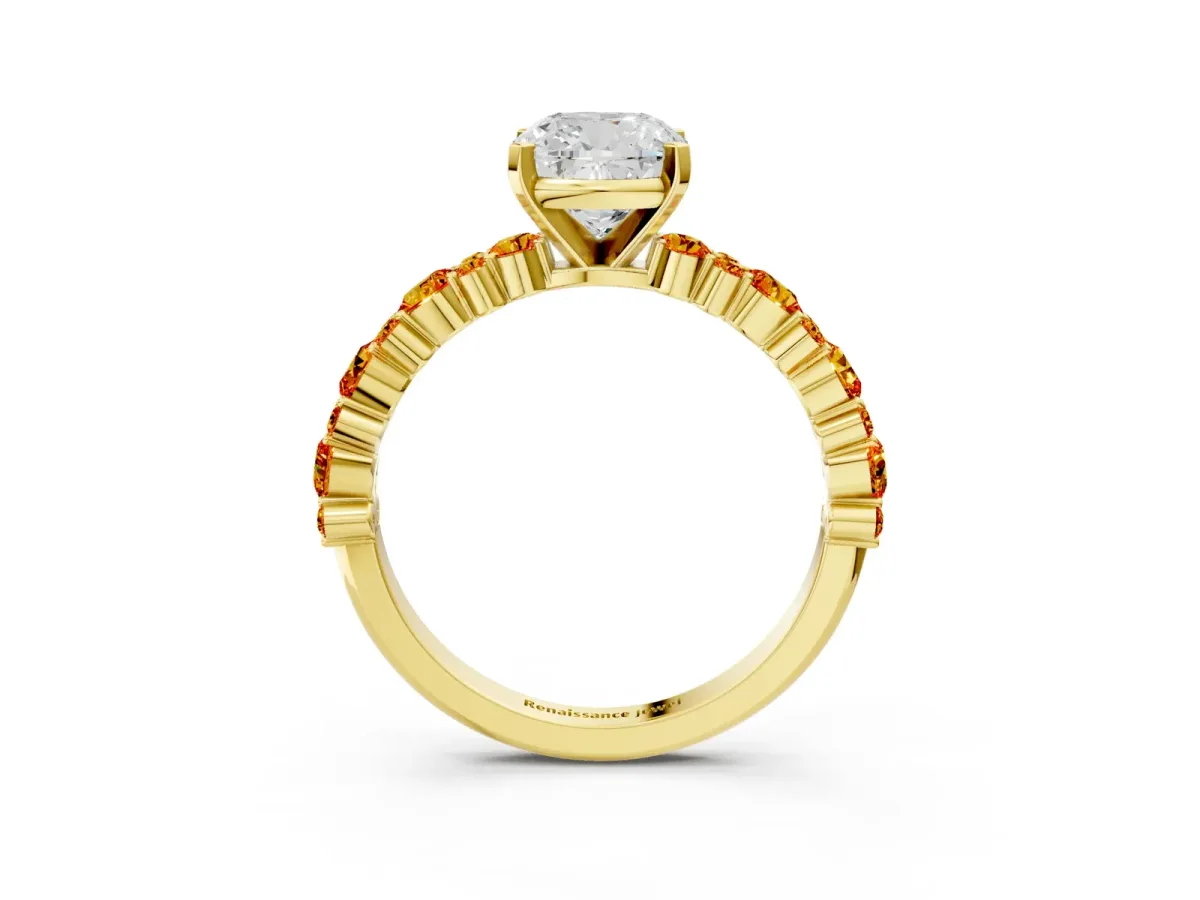 Cushion Cut Diamond Side Stone Solitaire Ring with Round Citrine and Four-Prong Setting Yellow gold