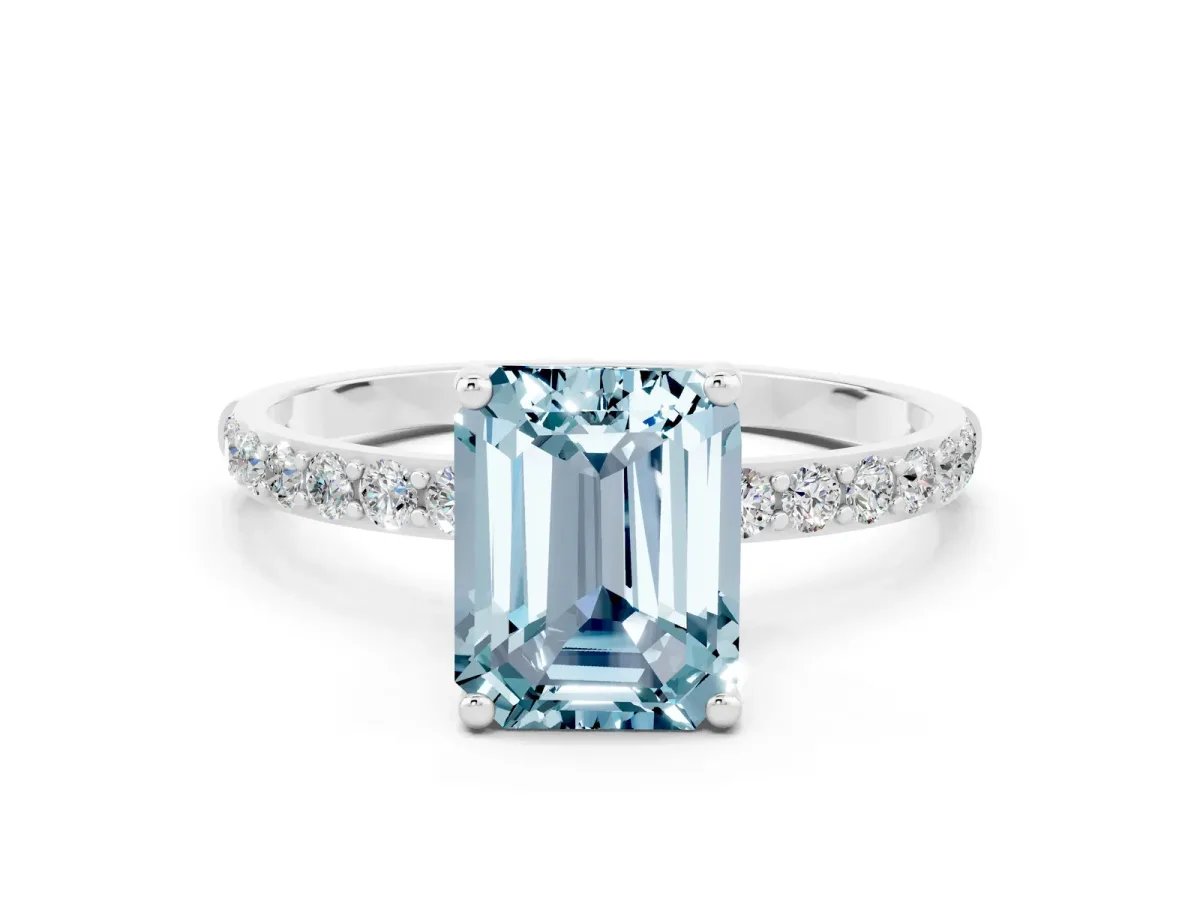 Emerald Cut Aquamarine Solitaire Ring with Round Pavé Band and Prong Setting Platinum