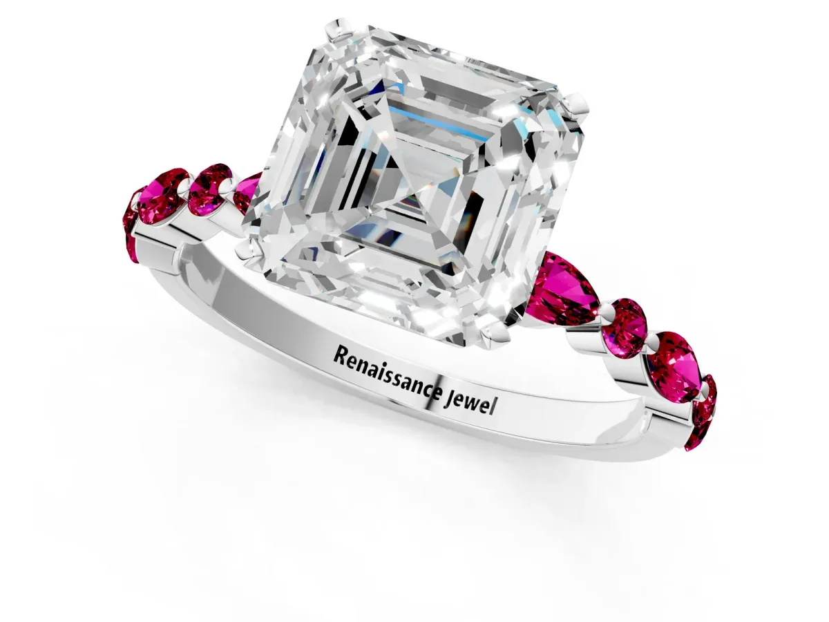 Asscher Cut Diamond Ring with Marquise and Round Garnet Side Stones and Four-Prong Setting Platinum