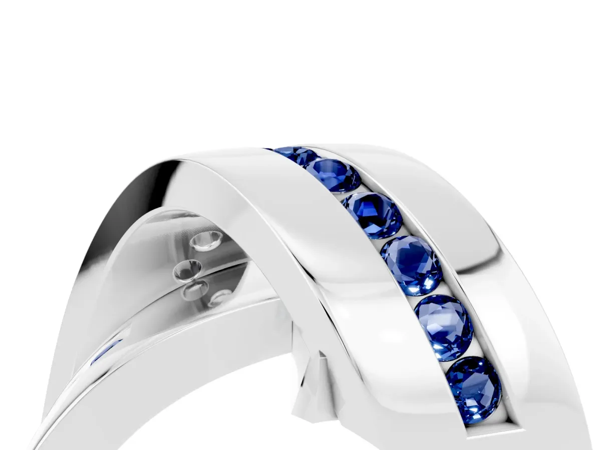 Pavé Round Blue Sapphire Crossover Band with Channel Setting White gold