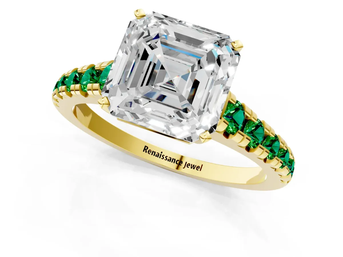 Asscher Cut Diamond Cathedral Solitaire Ring with Round Emerald Pavé Band Yellow gold