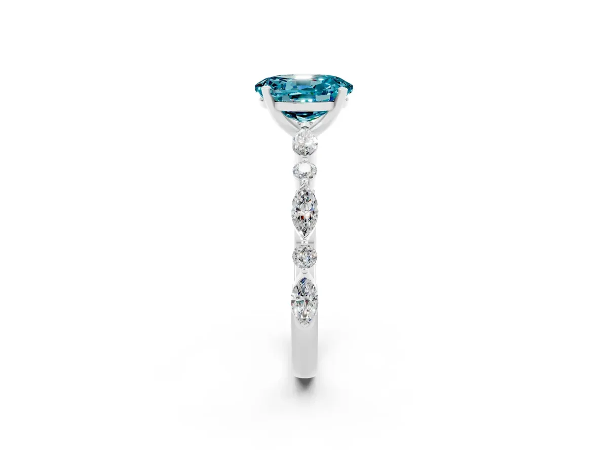 Oval Cut Blue Topaz Ring with Marquise and Round Side Stones and Four-Prong Setting Silver