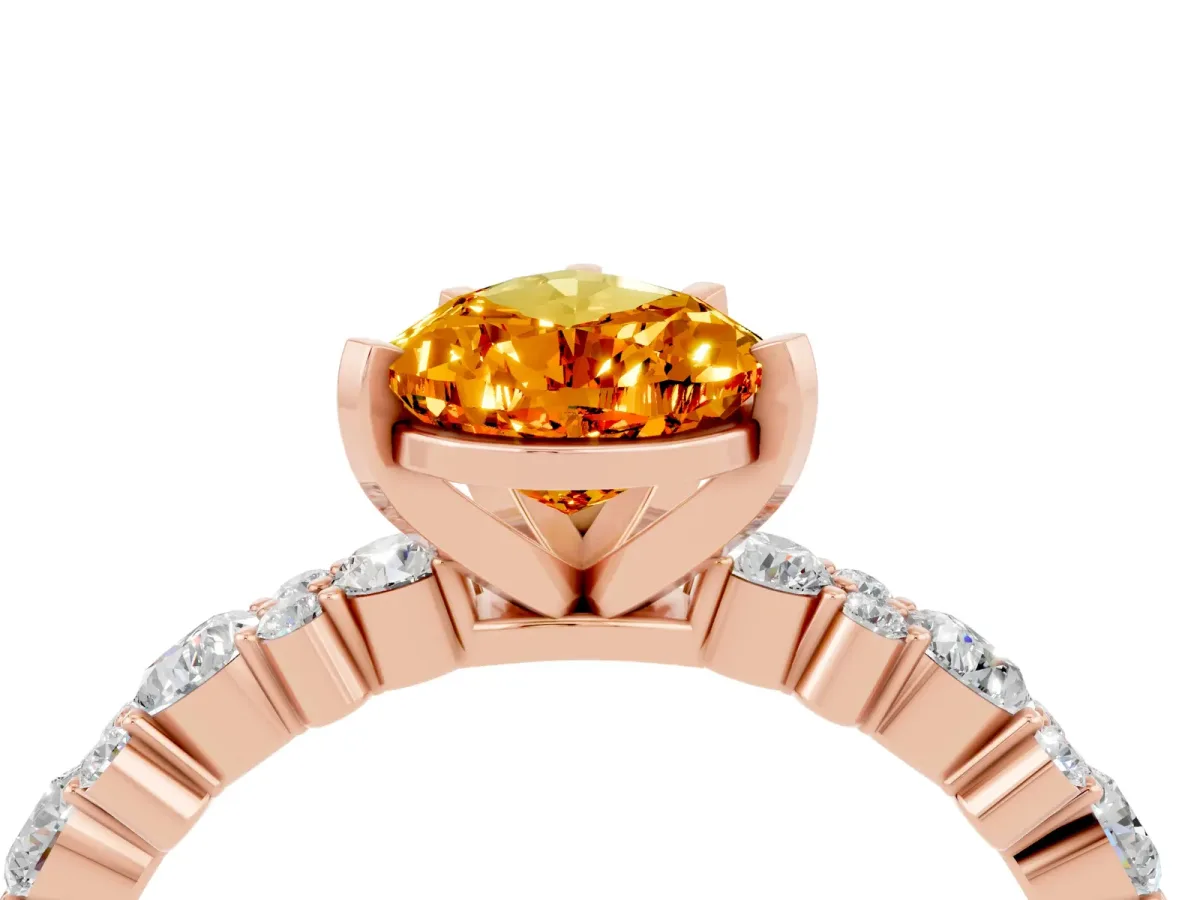 Pear Cut Citrine Side Stone Solitaire Ring with Round and Four-Prong Setting Rose gold