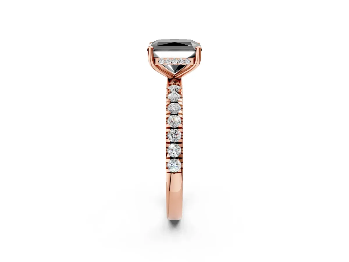 Fancy Black Radiant Cut Diamond Pave Band Solitaire Ring with Round and Prong Setting Rose gold