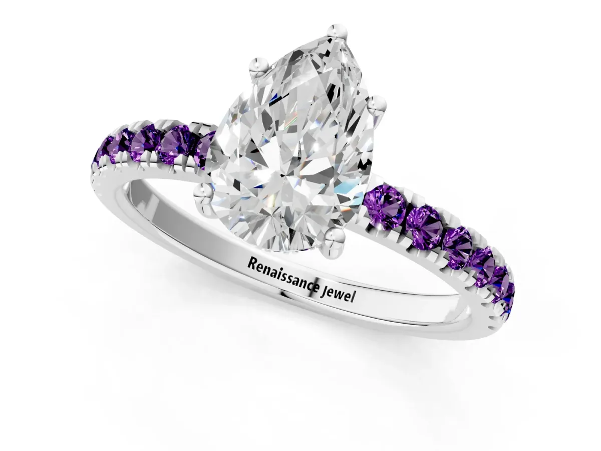 Pear Cut Diamond Pave Band Solitaire Ring with Round Amethyst and Prong Setting Platinum