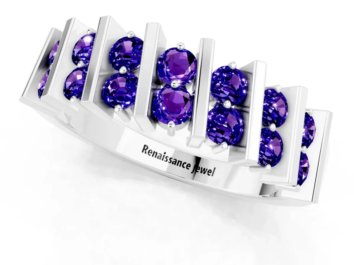 Channel Set Round Tanzanite Anniversary Band with Vertical Prongs Platinum
