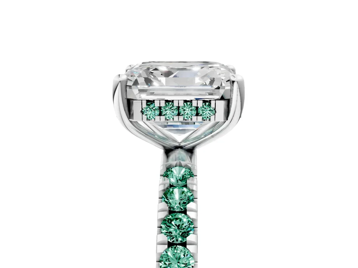 Asscher Cut Diamond Pave Band Solitaire Ring with Round Green Sapphire and Prong Setting Platinum