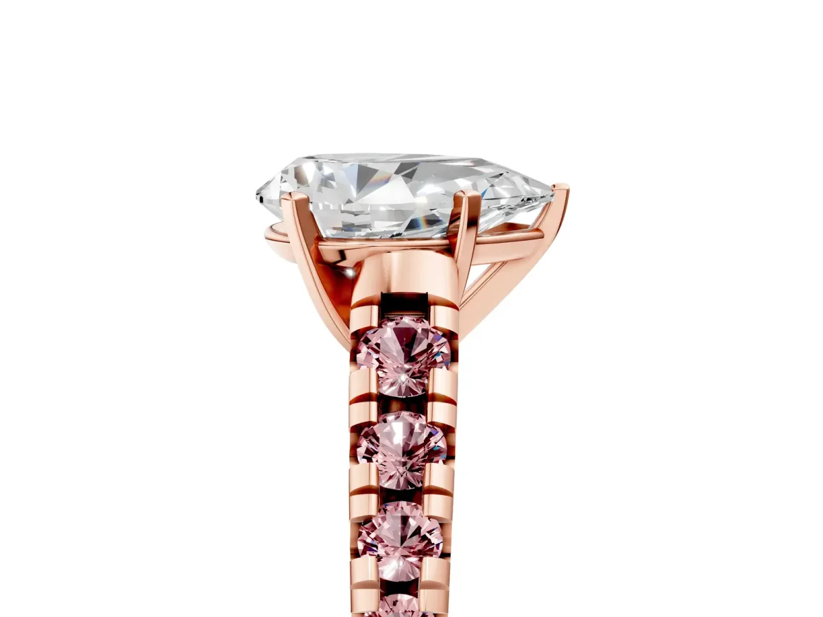 Pear Cut Diamond Cathedral Solitaire Ring with Round Morganite Pavé Band Rose gold