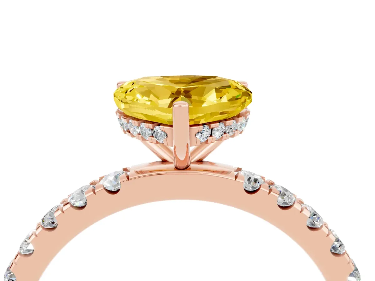 Heart Cut Yellow Sapphire Pave Band Solitaire Ring with Round and Prong Setting Rose gold