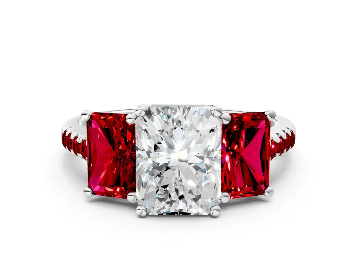 Three-Stone Radiant Cut Diamond Ring with Round Ruby Pavé Band and Prong Setting Platinum