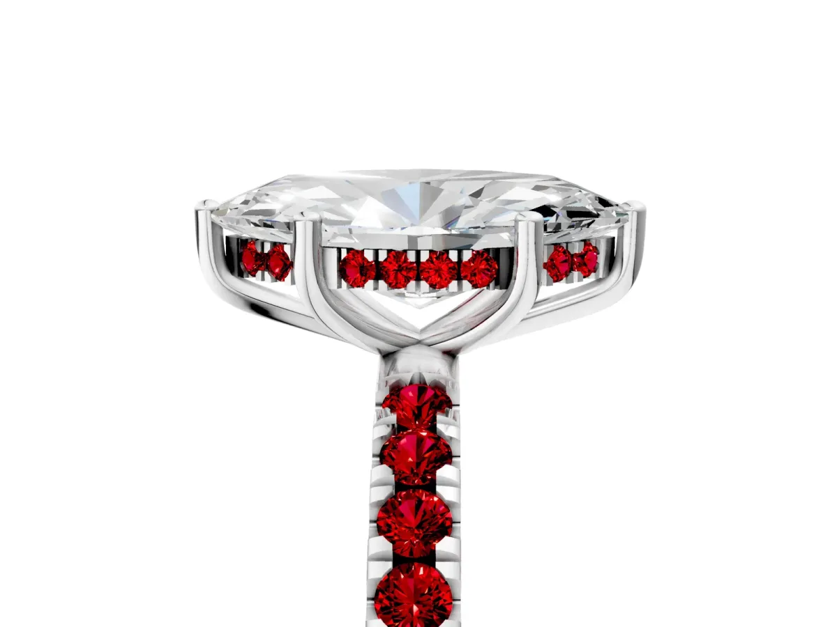 Marquise Cut Diamond Pave Band Solitaire Ring with Round Ruby and Prong Setting Platinum