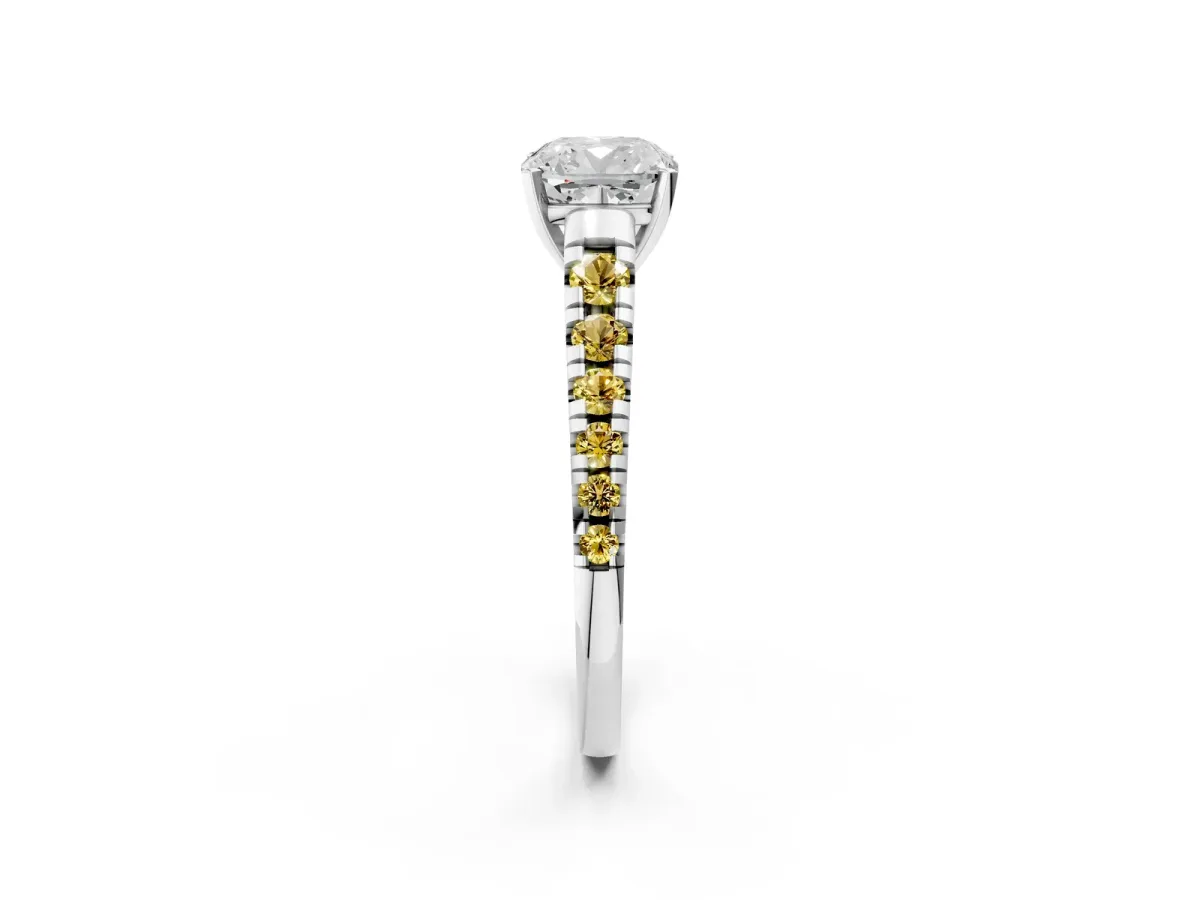 Cushion Cut Diamond Cathedral Solitaire Ring with Round Yellow Sapphire Pavé Band Silver