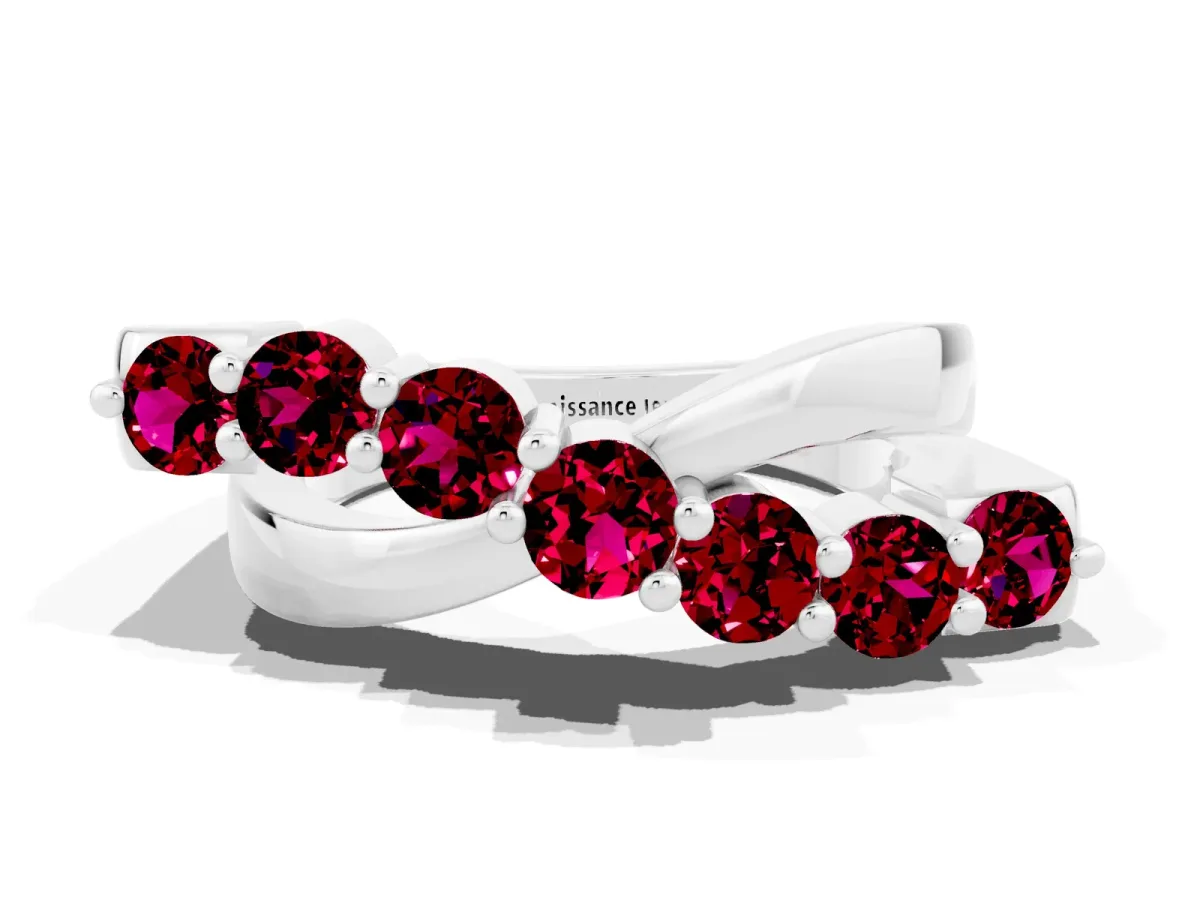 Round Garnet Prong-Set Crossover Band Silver
