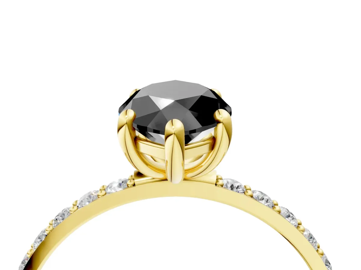 Fancy Black Marquise Cut Diamond Solitaire Ring with Round Pavé Band and Prong Setting Yellow gold