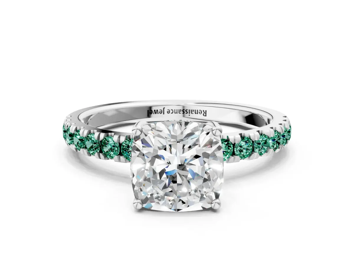 Cushion Cut Diamond Pave Band Solitaire Ring with Round Green Sapphire and Prong Setting Platinum