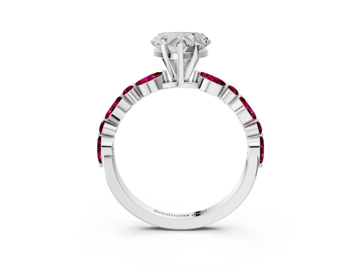 Heart Cut Diamond Ring with Marquise and Round Garnet Side Stones and Four-Prong Setting Silver