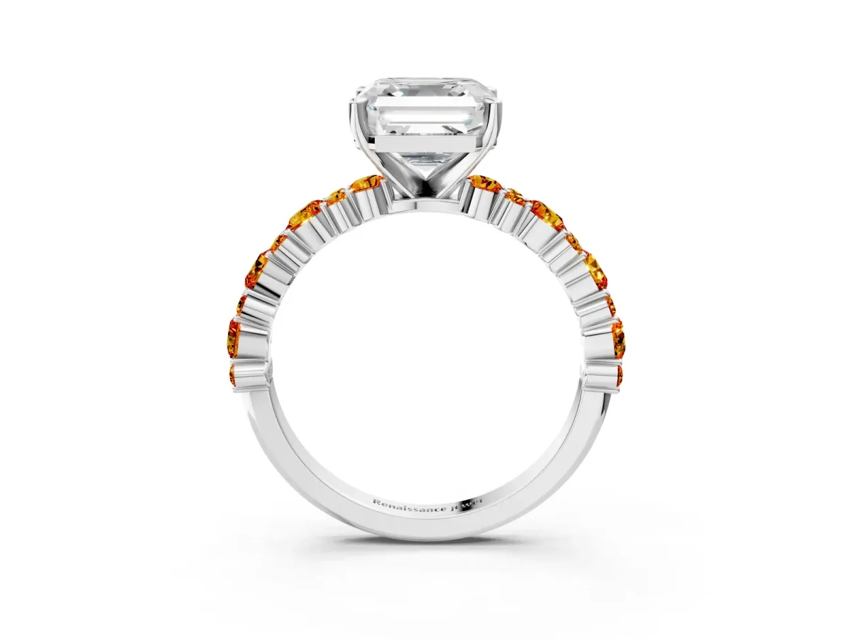 Asscher Cut Diamond Side Stone Solitaire Ring with Round Citrine and Four-Prong Setting Silver