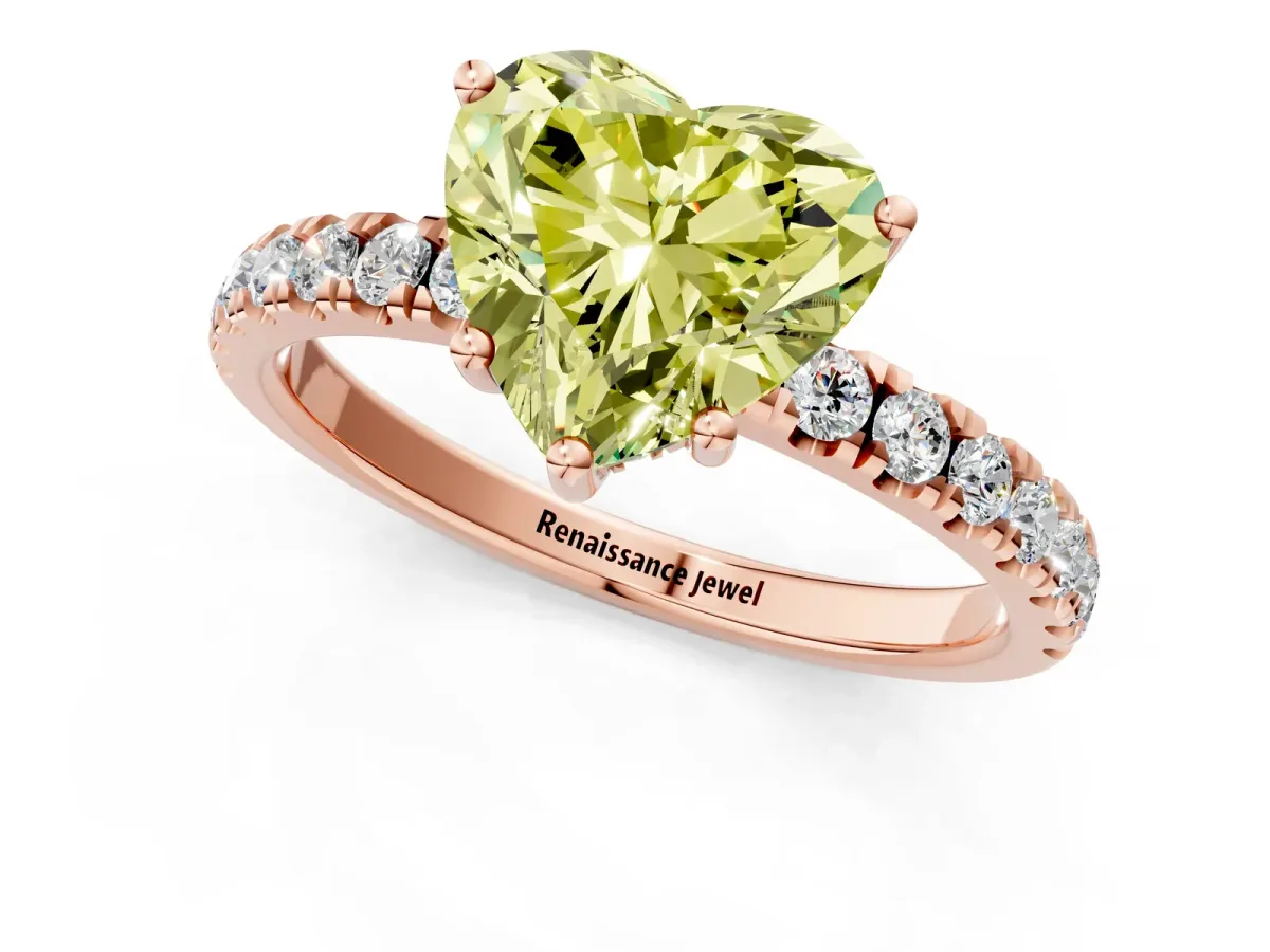 Fancy Yellow Heart Cut Diamond Pave Band Solitaire Ring with Round and Prong Setting Rose gold