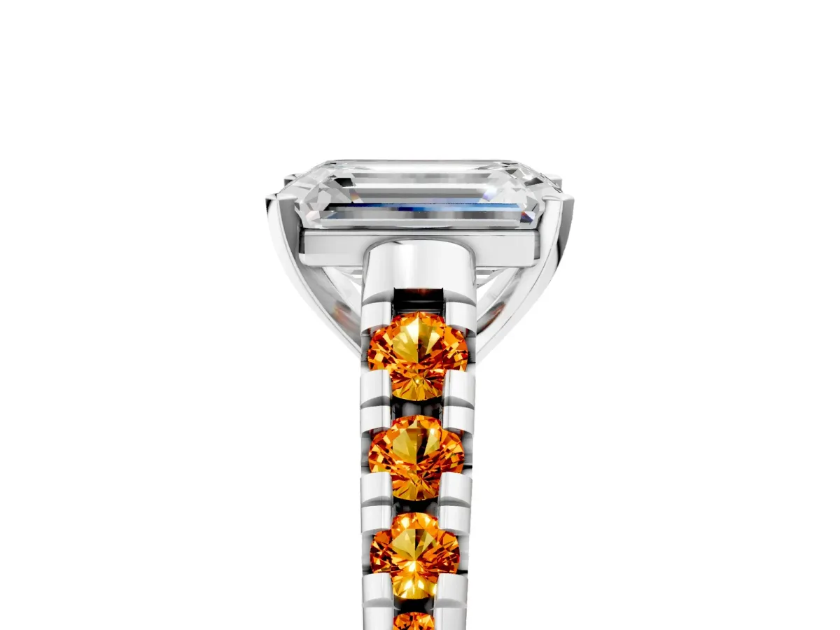 Emerald Cut Diamond Cathedral Solitaire Ring with Round Citrine Pavé Band Platinum