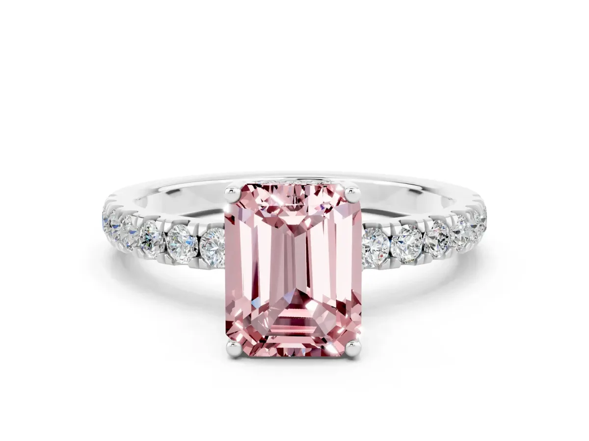 Emerald Cut Morganite Pave Band Solitaire Ring with Round and Prong Setting Platinum