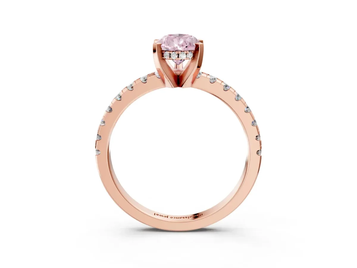 Fancy Pink Pear Cut Diamond Solitaire Ring with Round Pavé Band and Four-Prong Setting Rose gold