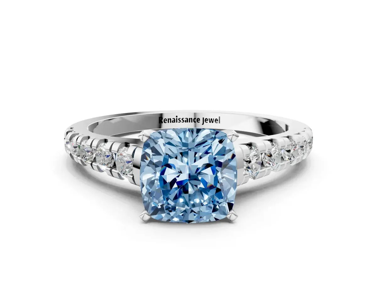 Fancy Blue Cushion Cut Diamond Cathedral Solitaire Ring with Round Pavé Band Platinum