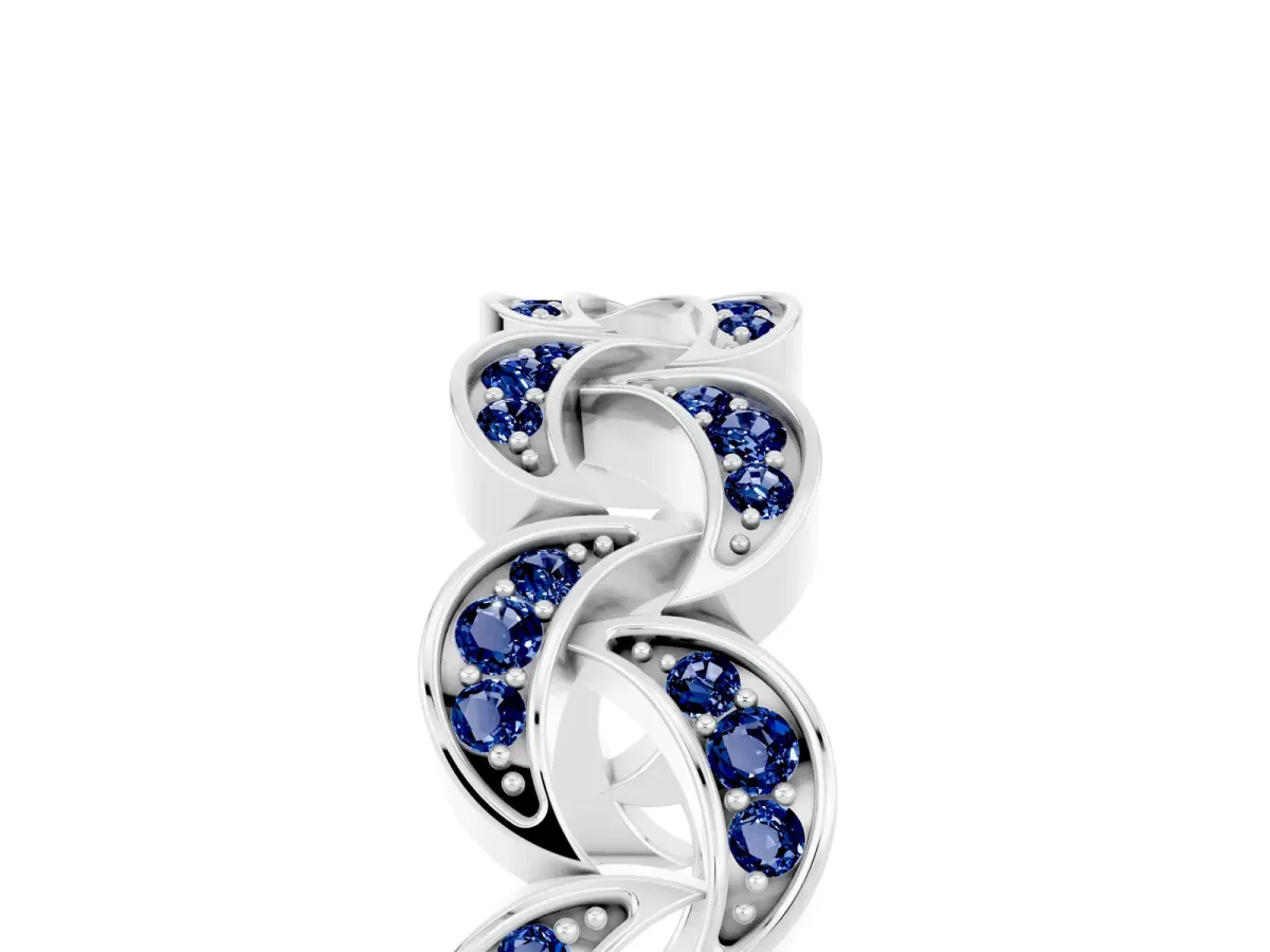 Pavé Round Blue Sapphire Interlocking Eternity Band with Bezel Prong Setting White gold