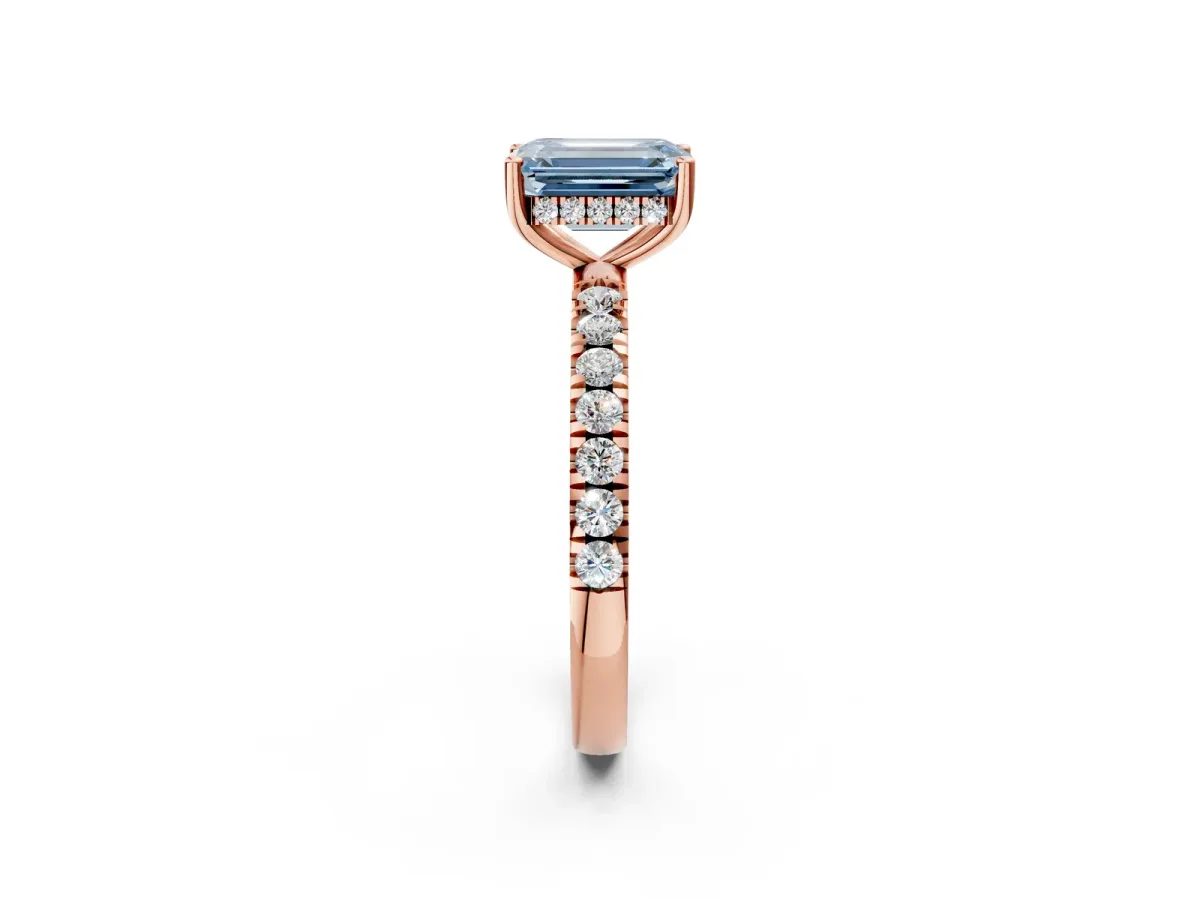 Fancy Blue Emerald Cut Diamond Pave Band Solitaire Ring with Round and Prong Setting Rose gold