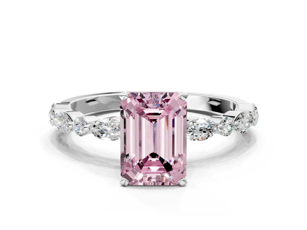 Fancy Pink Emerald Cut Diamond Ring with Marquise and Round Side Stones and Four-Prong Setting White gold