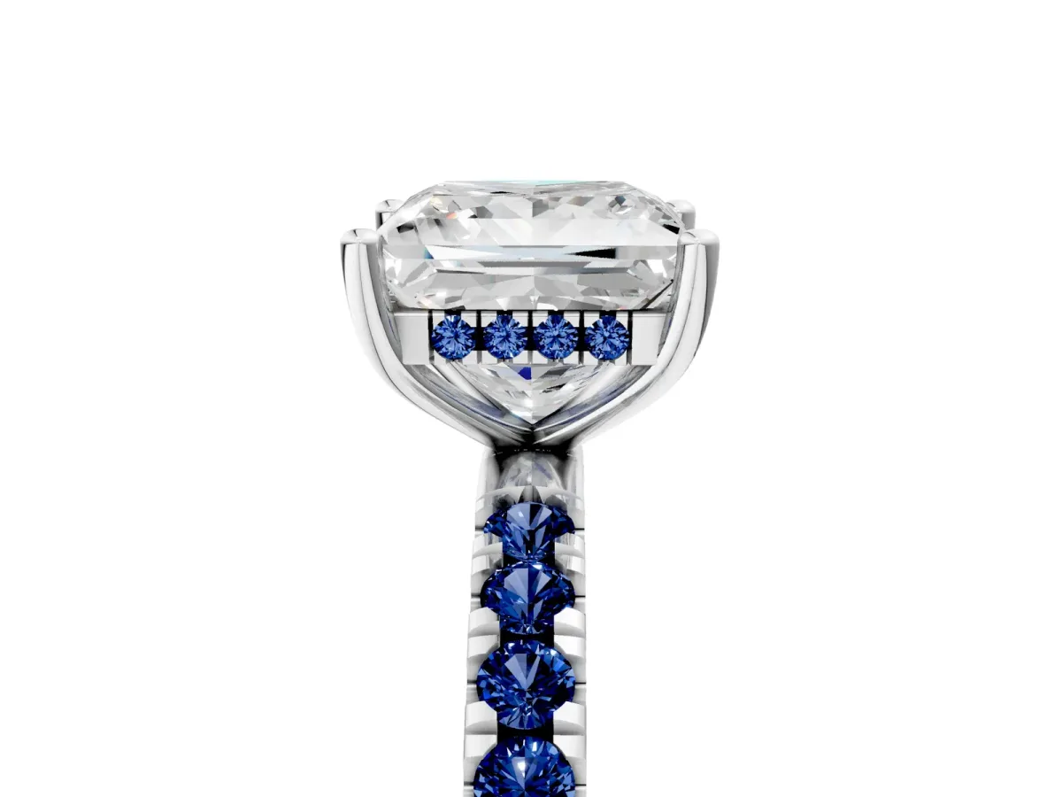 Princess Cut Diamond Pave Band Solitaire Ring with Round Blue Sapphire and Prong Setting Platinum